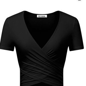 VETIOR Women's Deep V Neck Short Sleeve ] Slim Fit Cross Wrap Shirts Crop Top
